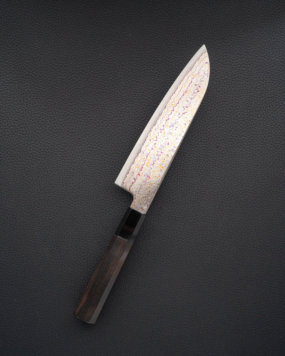 HATSUKOKORO Kujaku V-Toku2 Rainbow Damascus Santoku 180 mm tomatosharp