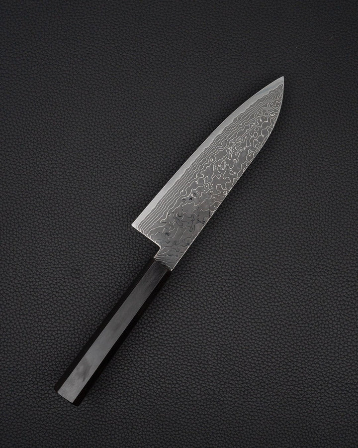 Kokkekniv 180 mm, HATSUKOKORO Ryuhyo SG2 Kurozome Damascus Santoku Hatsukokoro