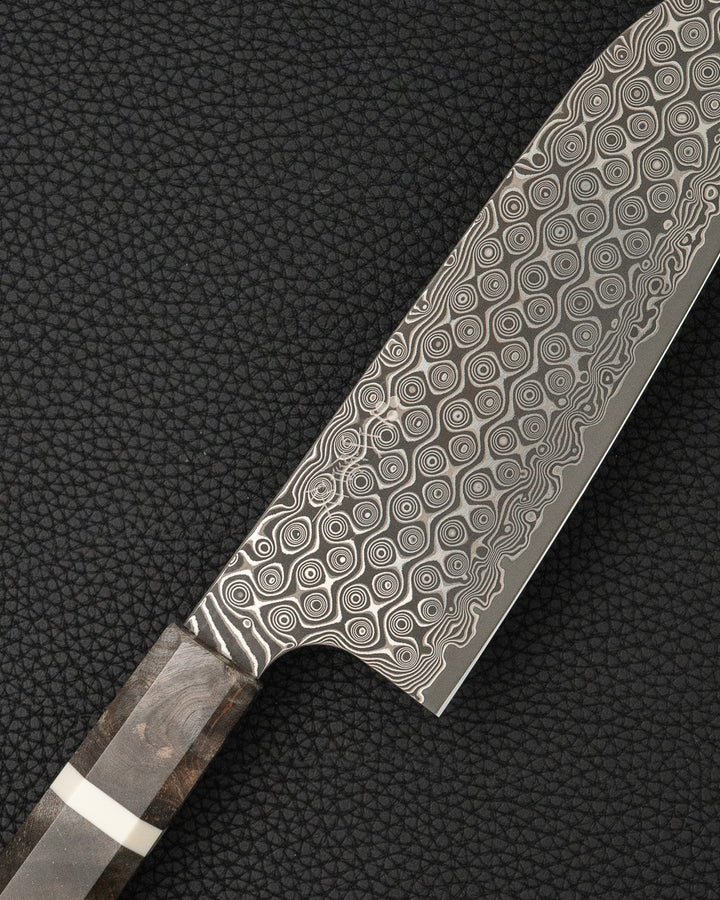 Kokkekniv 180 mm, NIGARA HAMONO Anmon SG2 Raindrop Damascus Santoku tomatosharp