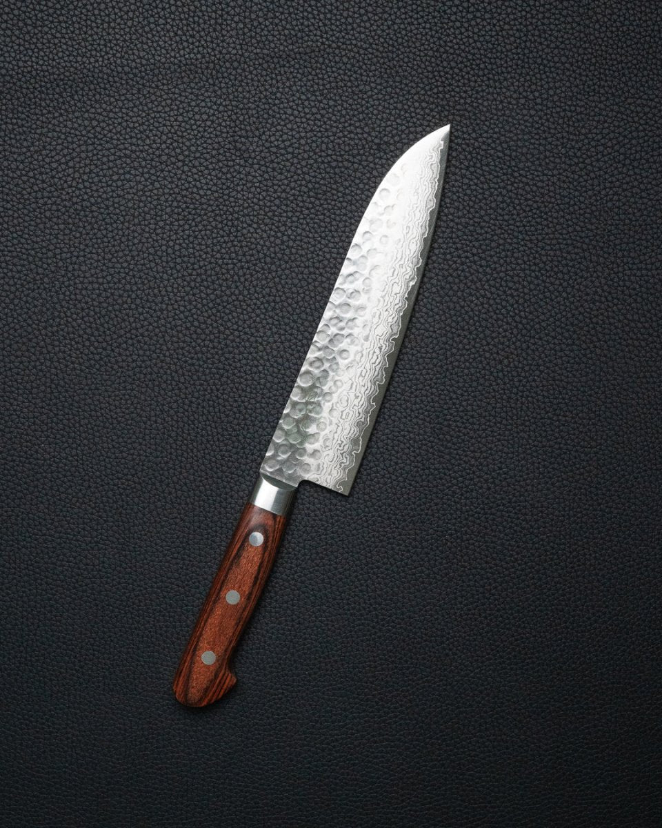 OUL Classic Damascus Tsuchime Santoku 180 mm tomatosharp