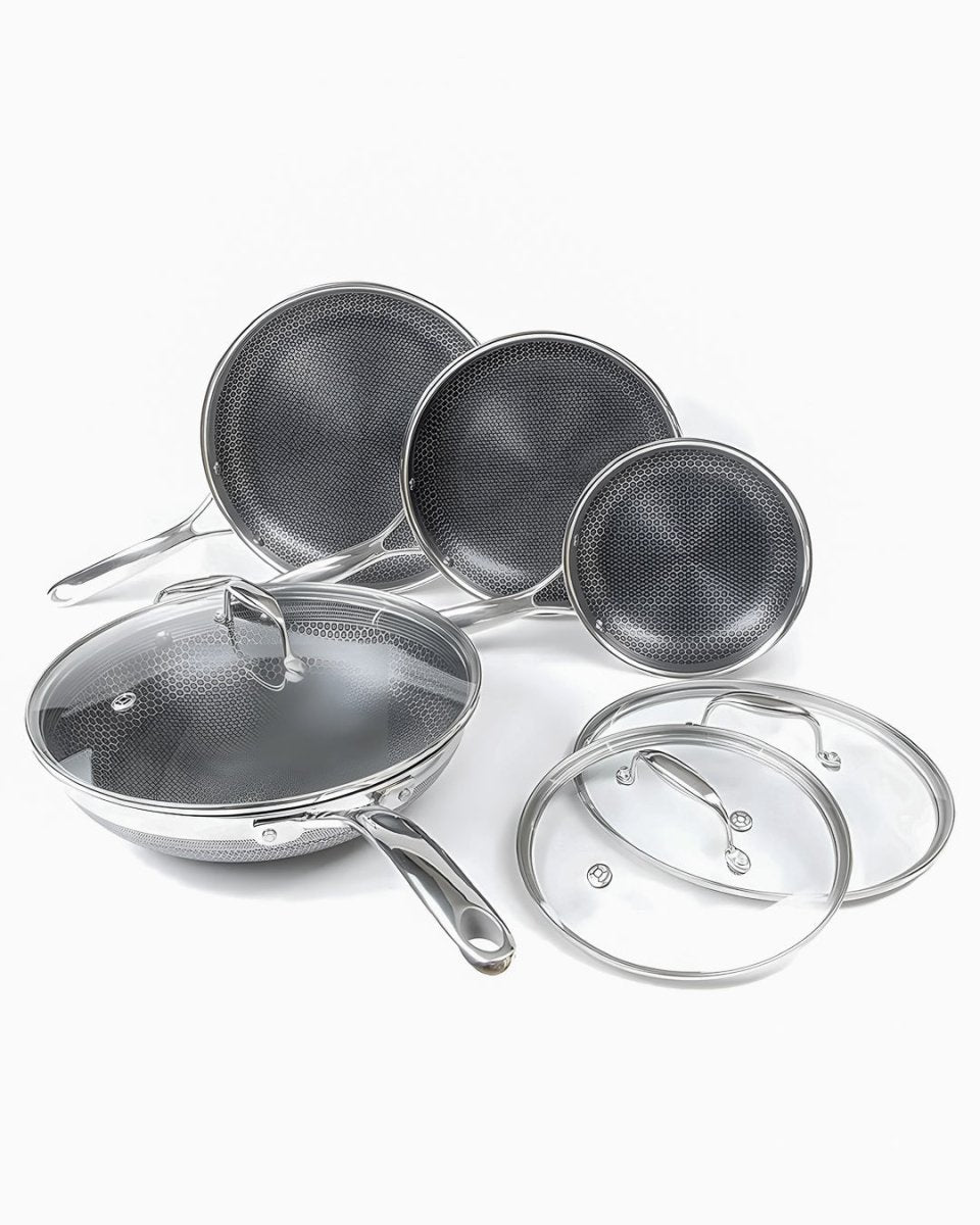 HEXCLAD Sett med 3 panner og 1 wok, 3 lokk tomatosharp