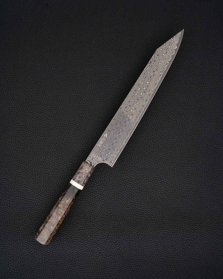 Trancheringskniv 255 mm, NIGARA HAMONO Anmon SG2 Raindrop Damascus Kiritsuke Sujihiki NIGARA HAMONO