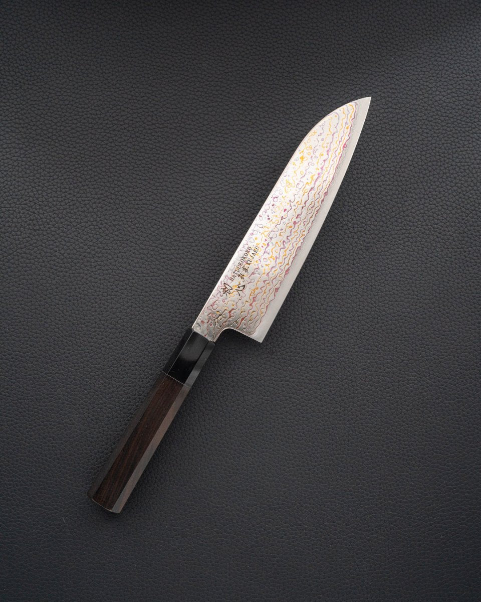 HATSUKOKORO Kujaku V-Toku2 Rainbow Damascus Santoku 180 mm tomatosharp