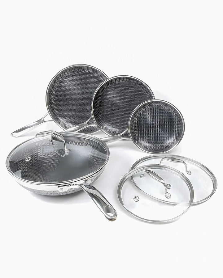 HEXCLAD Sett med 3 panner og 1 wok, 3 lokk Hexclad