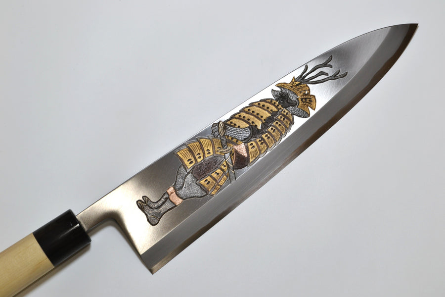 Kniv med inngravert samuraimotiv, Fūrinkazan av Michiko Kubota.