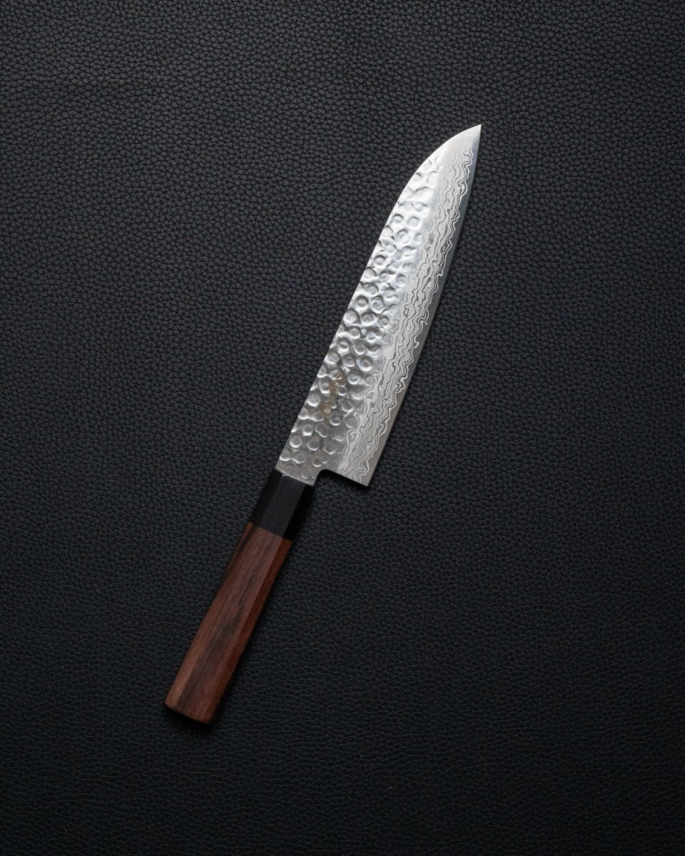 OUL Rosewood Damascus Tsuchime Santoku 180 mm tomatosharp