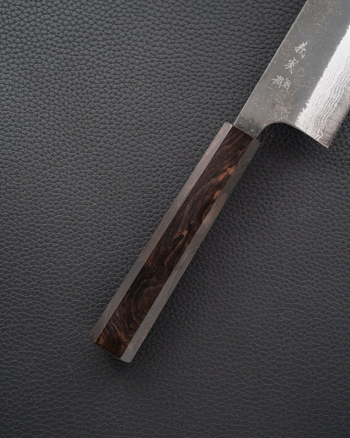 YOSHIMI KATO Aogami Super Damascus Nashiji Kurouchi Santoku 180 mm tomatosharp