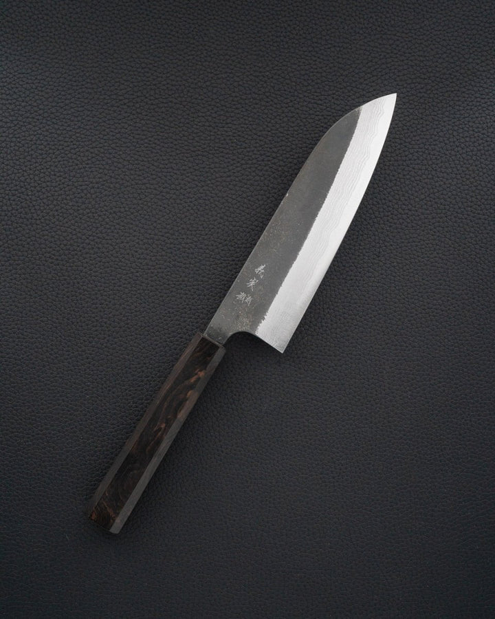 YOSHIMI KATO Aogami Super Damascus Nashiji Kurouchi Santoku 180 mm tomatosharp